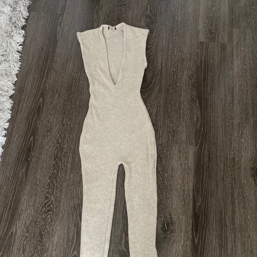 Tan Plunge-V Ribbed Unitard Jumpsuot